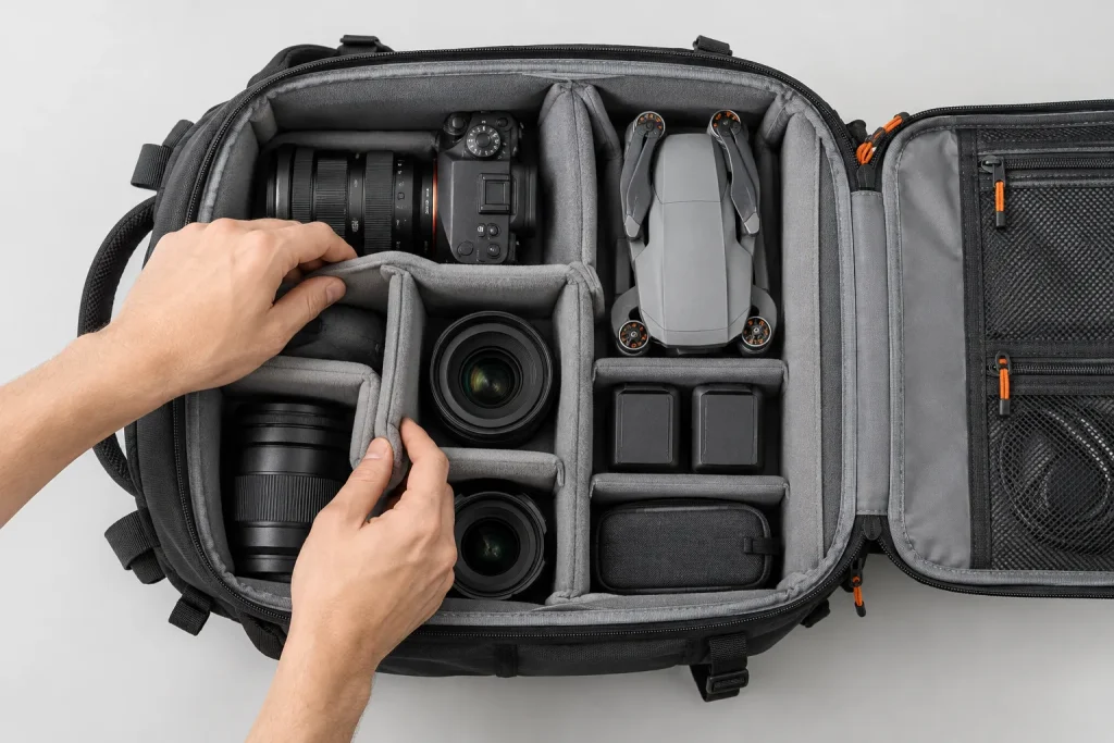 Adjustable padded divider layout inside a custom camera backpack