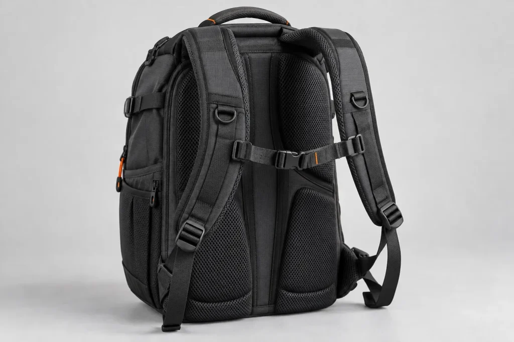 Padded shoulder straps and ventilated back panel for carrying camera equipment