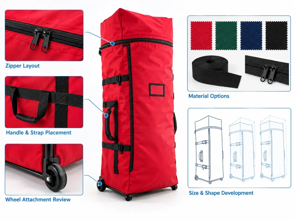 Red Christmas tree storage bag with zipper, handle and wheel detail views, material samples and size development sketches