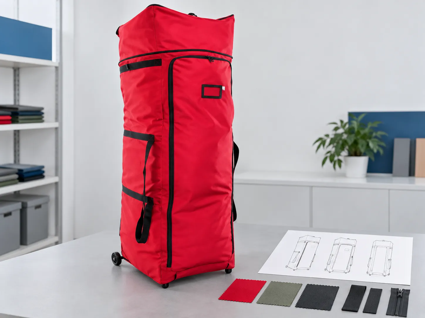 Red wheeled Christmas tree storage bag beside fabric swatches, webbing, a zipper sample and outline drawings