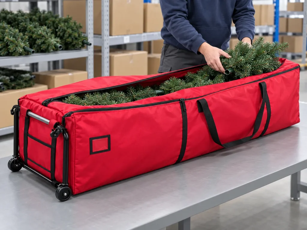 Worker placing artificial tree sections into an open red wheeled storage bag on a stockroom packing table