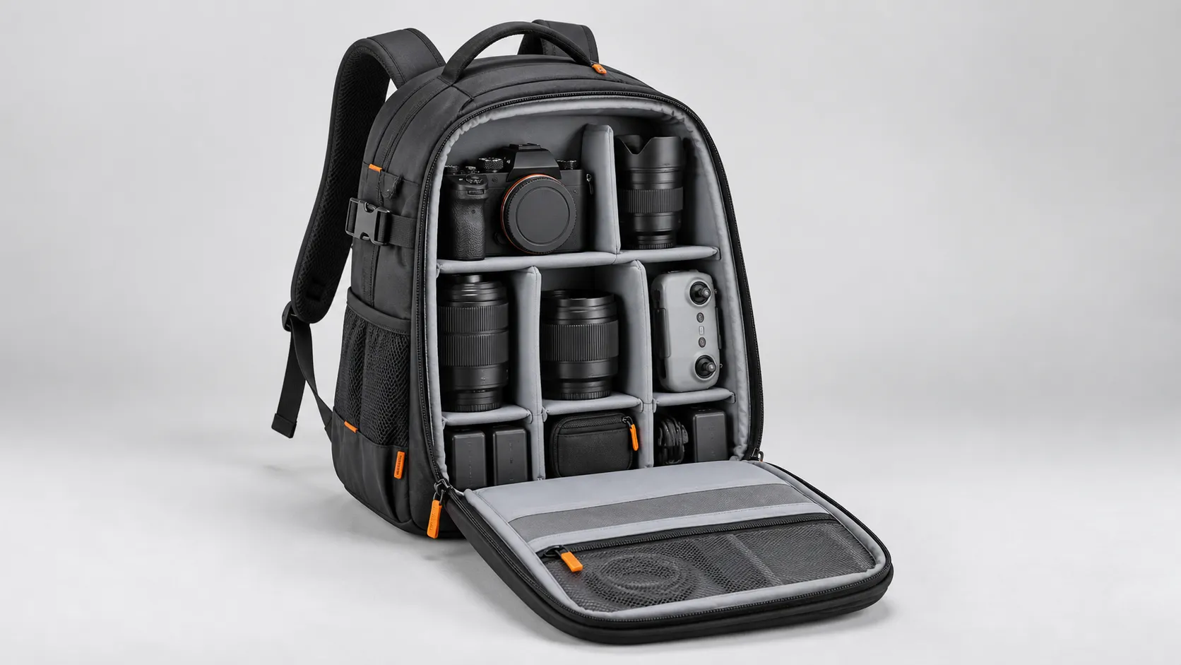 Custom camera backpack with padded dividers for camera bodies and lenses