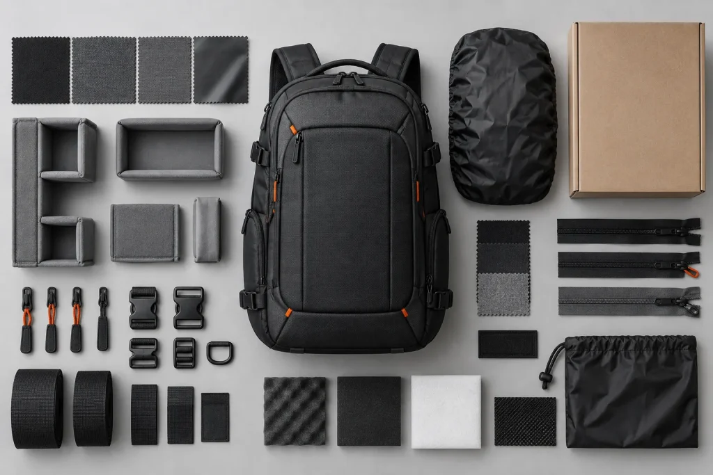 Customizable materials compartments logo and accessories for a private label camera backpack