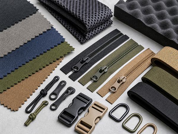 Custom bag materials including fabric zipper webbing buckle lining and padding details