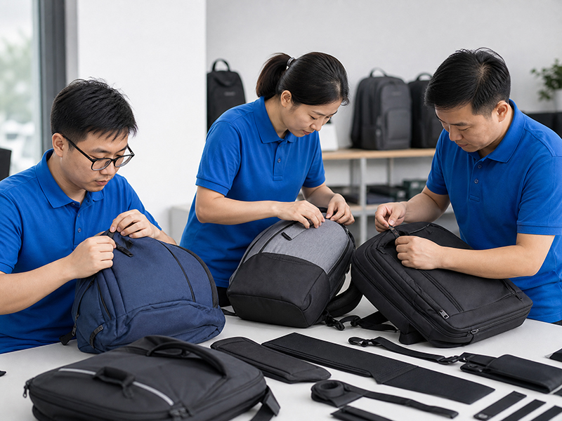 Factory team checking custom bag samples before bulk production