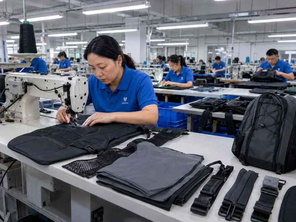 OEM bag manufacturing process with sewing and quality control at Voufan factory