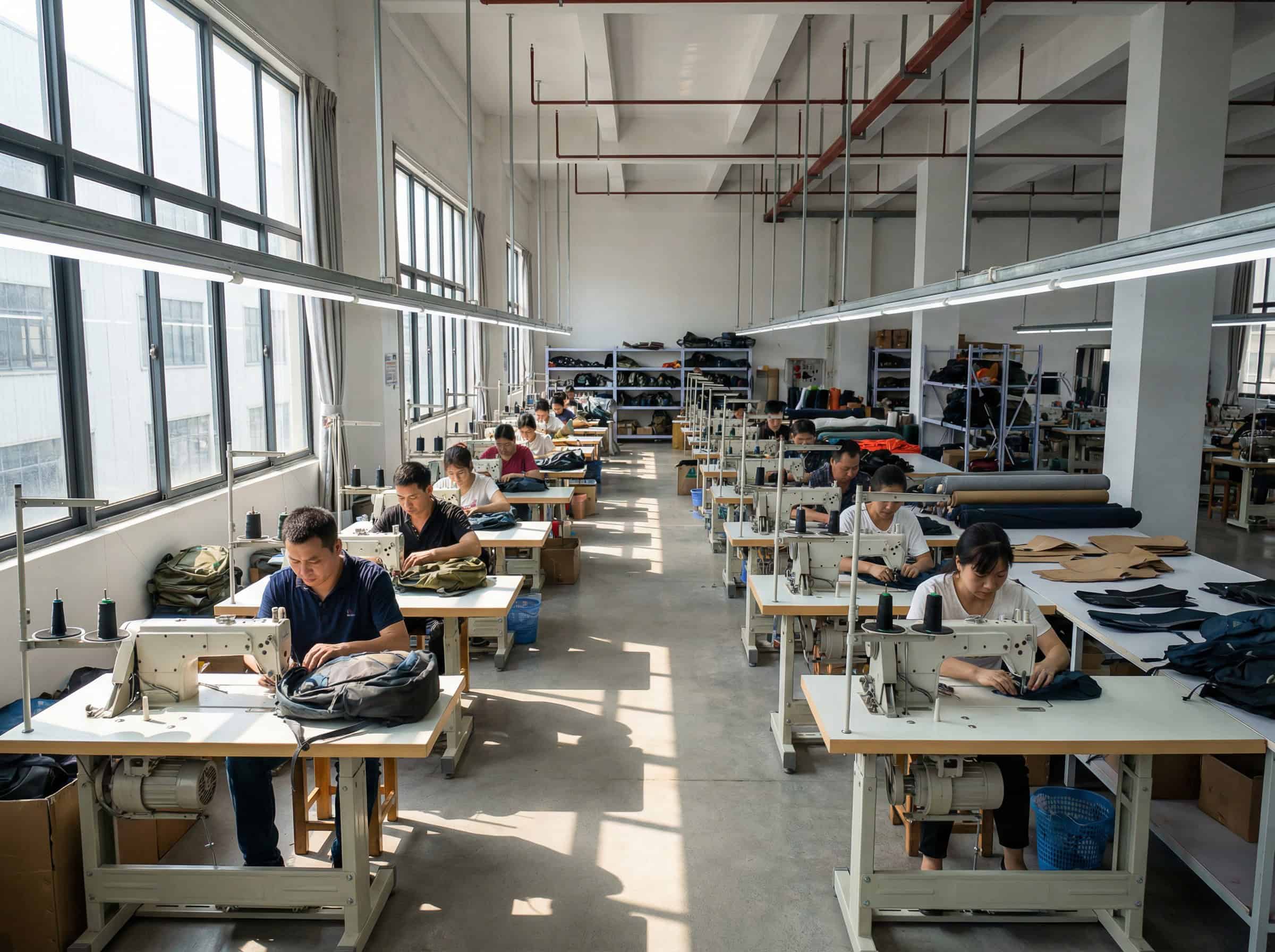 modern bag manufacturing facility with sewing production lines