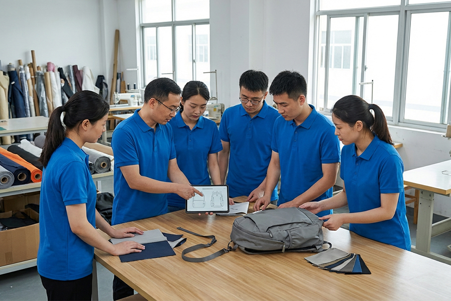 sample development team working on custom bag design