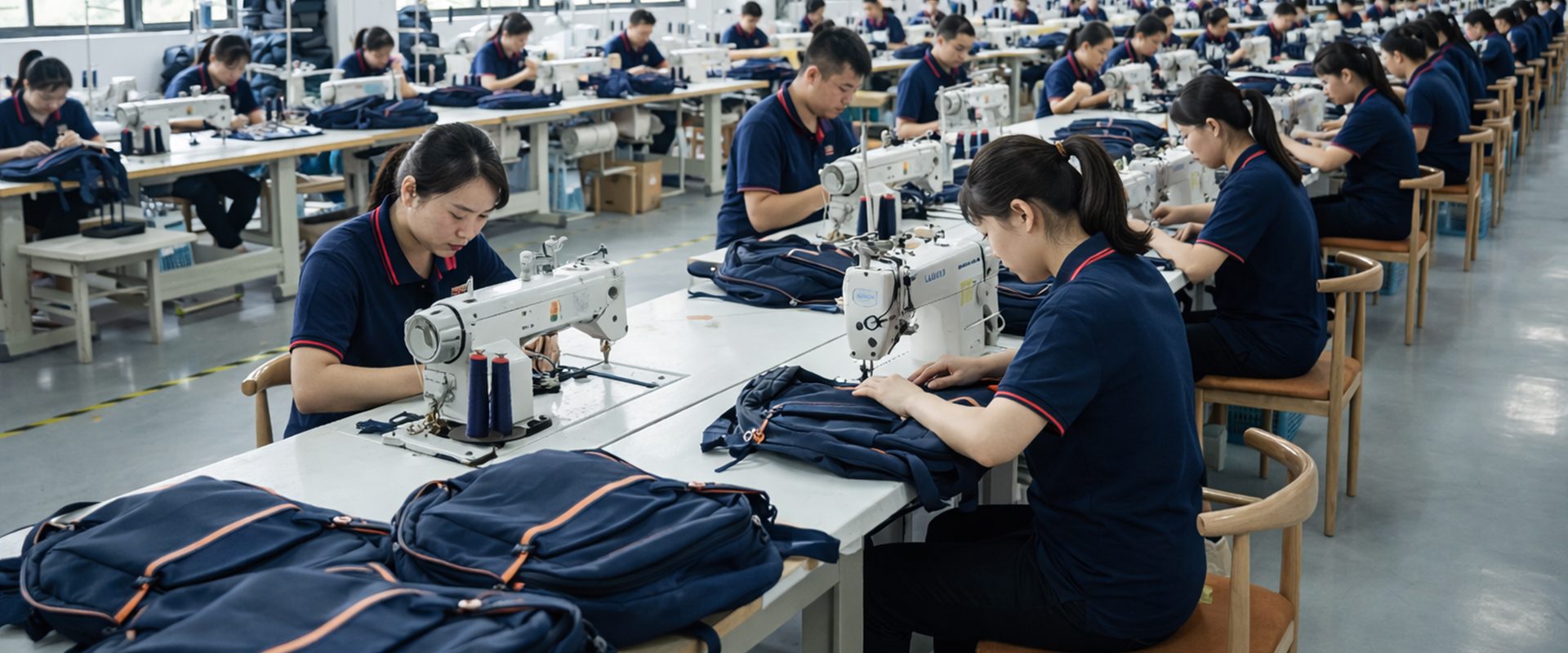 custom backpack manufacturing production line in China factory