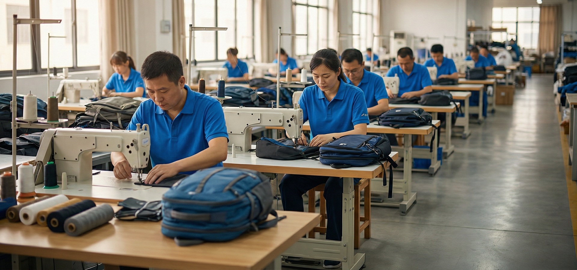 Chinese workers manufacturing outdoor backpacks in professional bag factory