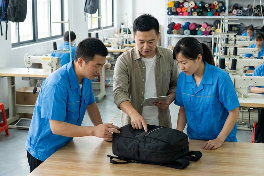 engineer discussing backpack design at custom bag manufacturer factory
