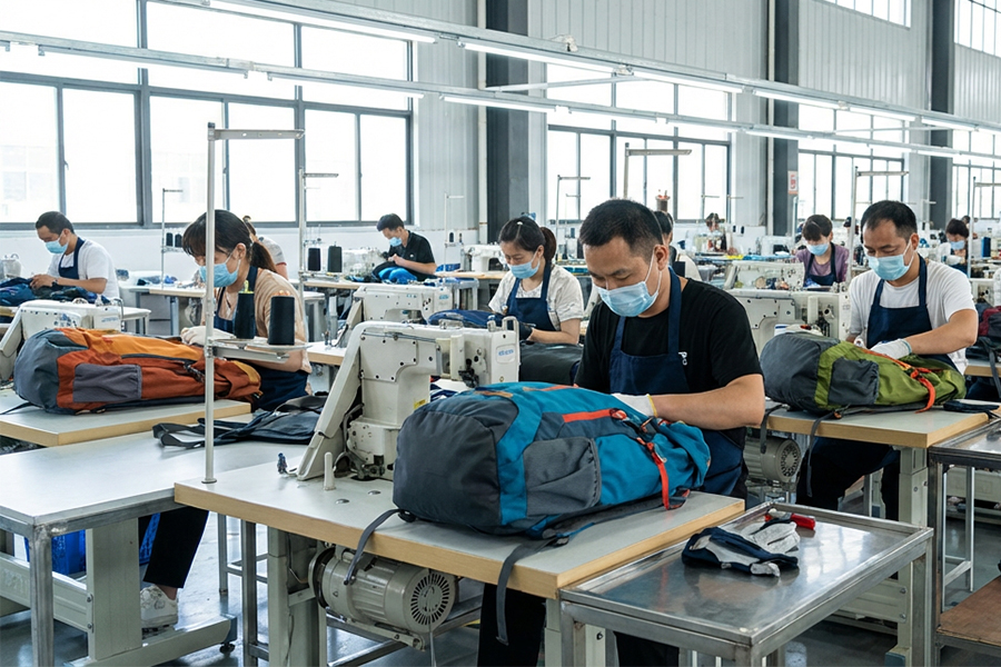 custom bag manufacturer production line in China with skilled workers and industrial sewing machines