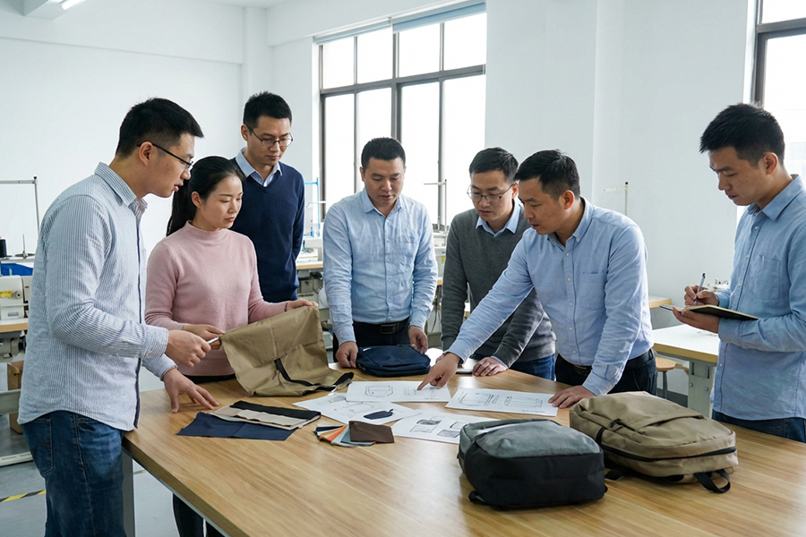 bag factory team meeting discussing product development and materials