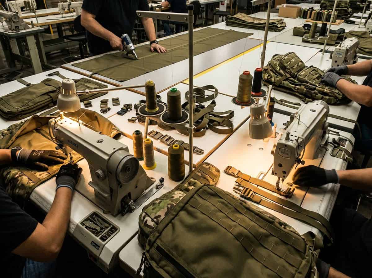 backpack manufacturing line in professional bag factory