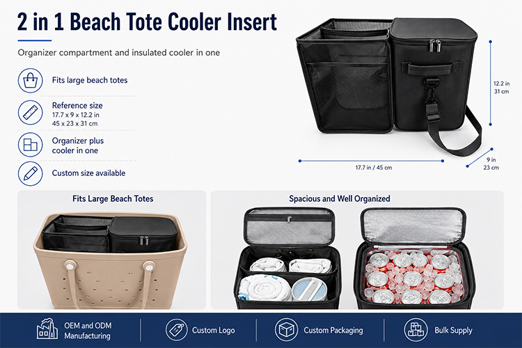 2 in 1 beach tote cooler insert with organizer compartment and insulated cooler section designed for large beach totes