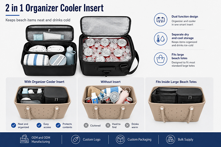 2 in 1 organizer cooler insert showing organized storage cooling function and fit inside large beach tote bags