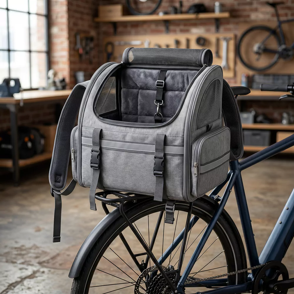 Bike mounted pet carrier with secure harness and straps