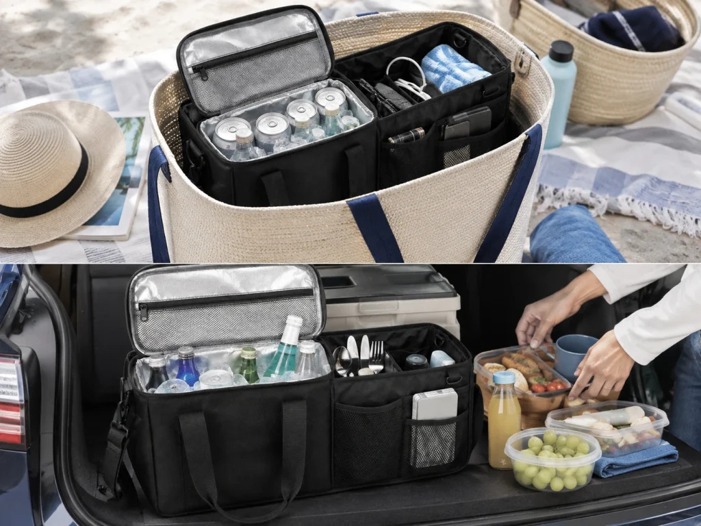 Custom Insulated Cooler Bag application image showing beach tote insert and car trunk picnic preparation use cases for B2B buyers