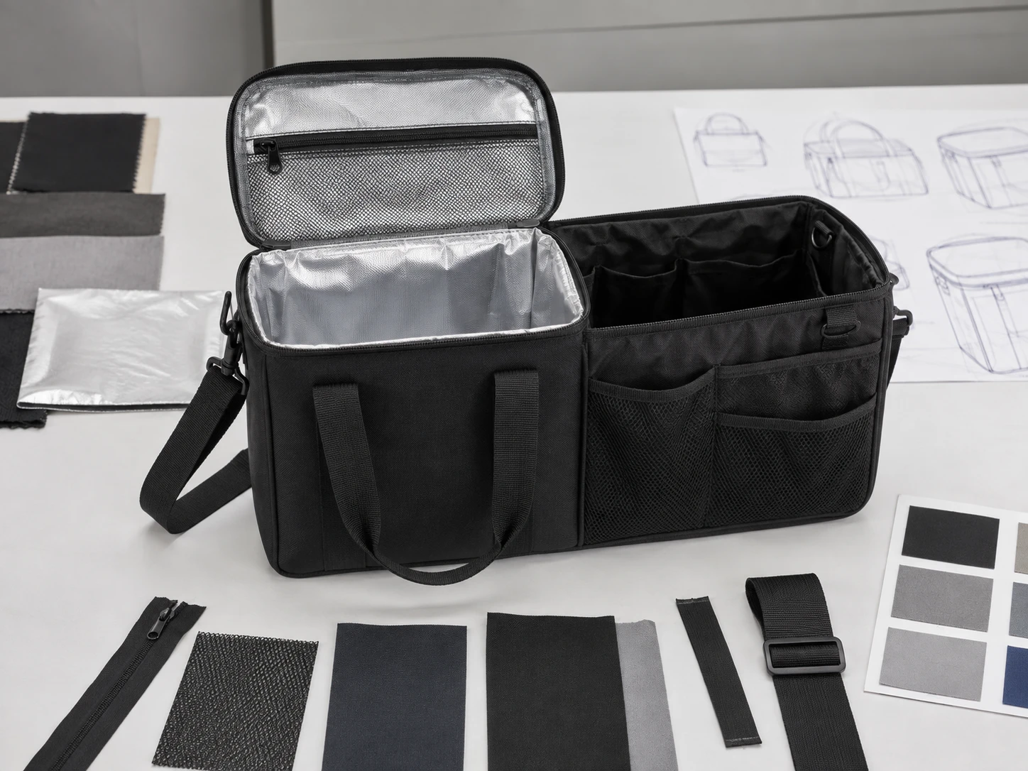Custom Insulated Cooler Bag product overview showing 2-in-1 cooler insert structure, organizer compartment, lining, mesh pockets, and OEM ODM development options