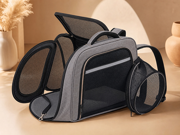 Custom pet carrier bags with breathable mesh safety details and travel structure