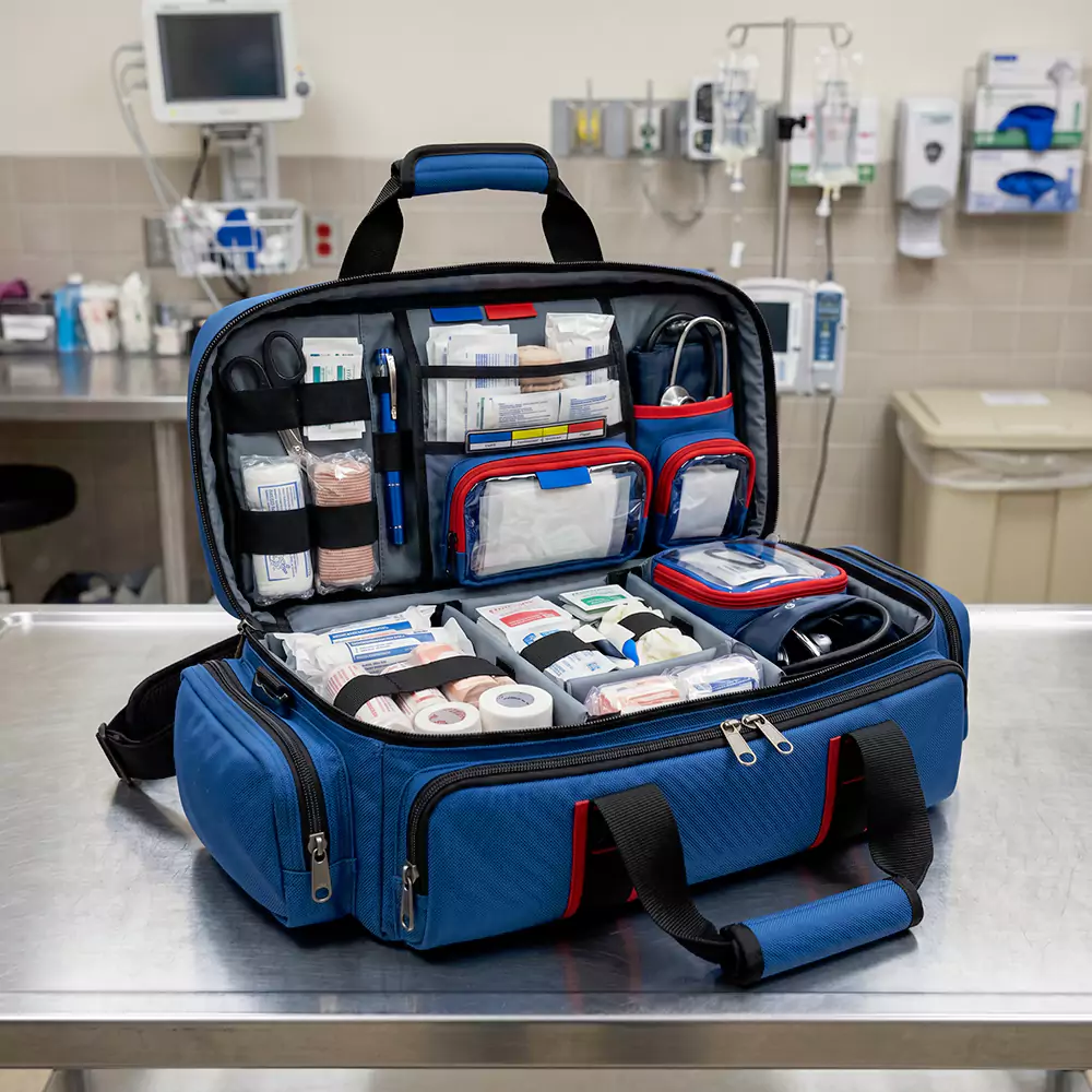 EMS and first aid bag with organized compartments for emergency equipment