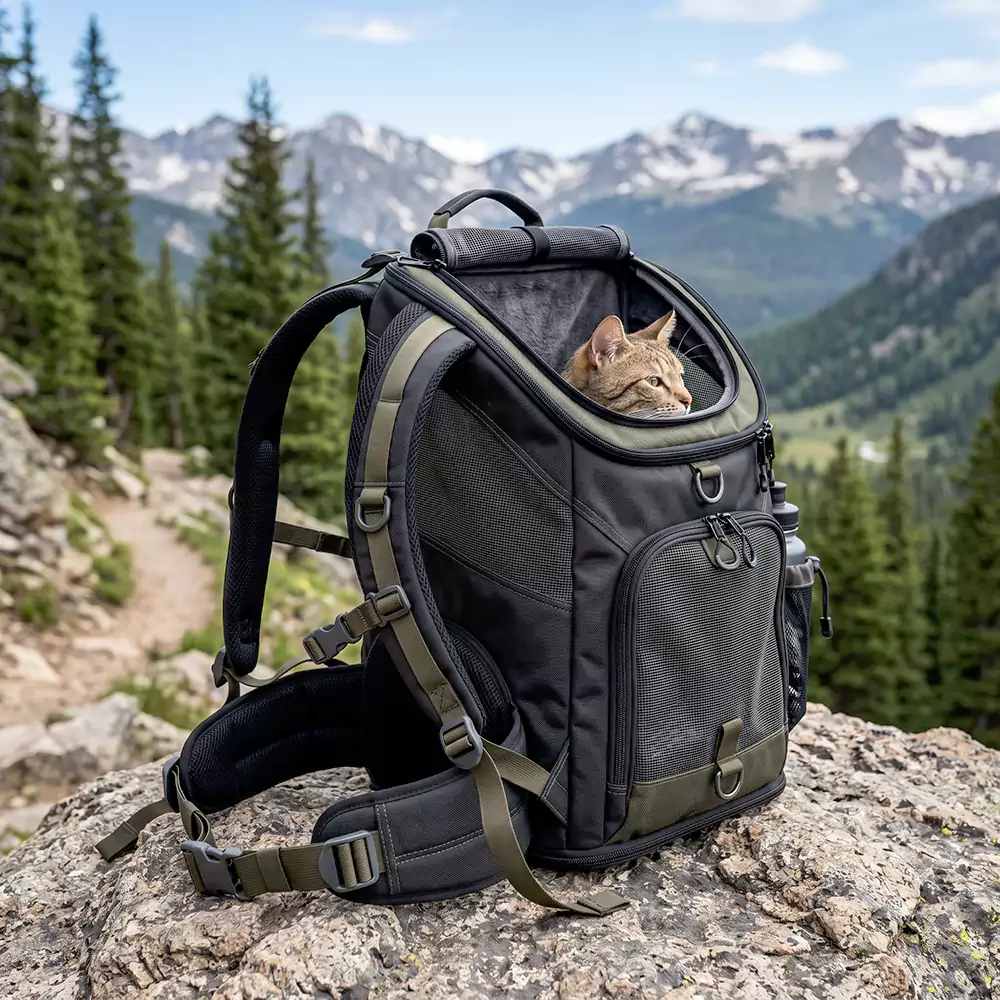 Pet backpack and hiking carrier with padded straps and breathable mesh