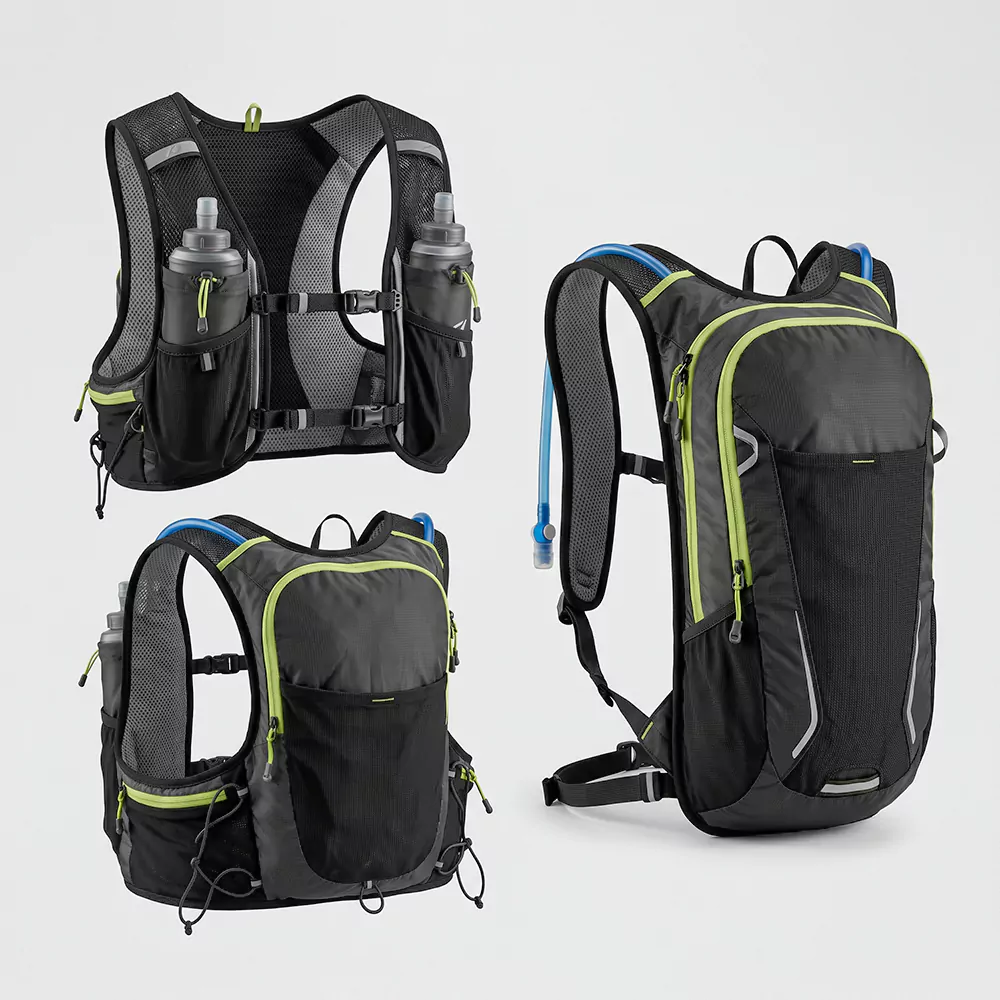 Running hydration vests and packs with breathable mesh soft flask pockets and OEM customization