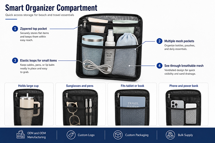 smart organizer compartment with zippered pocket mesh pockets elastic loops and storage for cups tablet phone and travel essentials