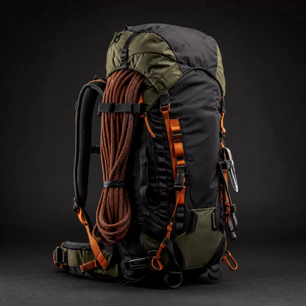 Technical climbing and alpine packs with gear attachment reinforced structure and OEM manufacturing