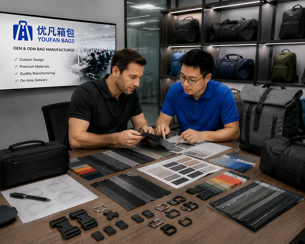 Buyer and factory manager reviewing fabric swatches and hardware samples for custom bag manufacturing.
