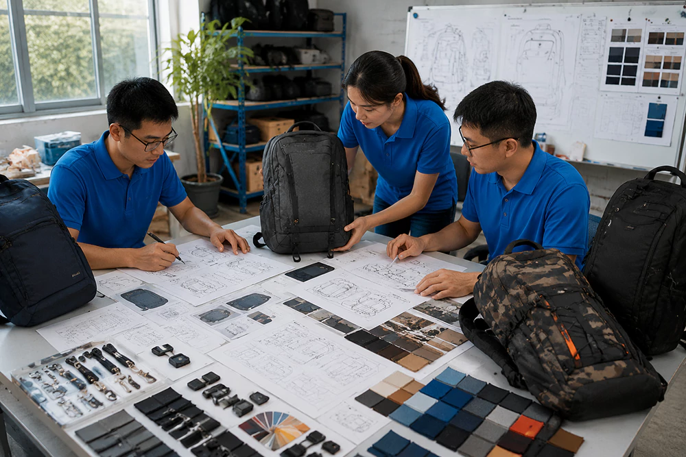 Custom backpack brand positioning and tech pack development at OEM factory