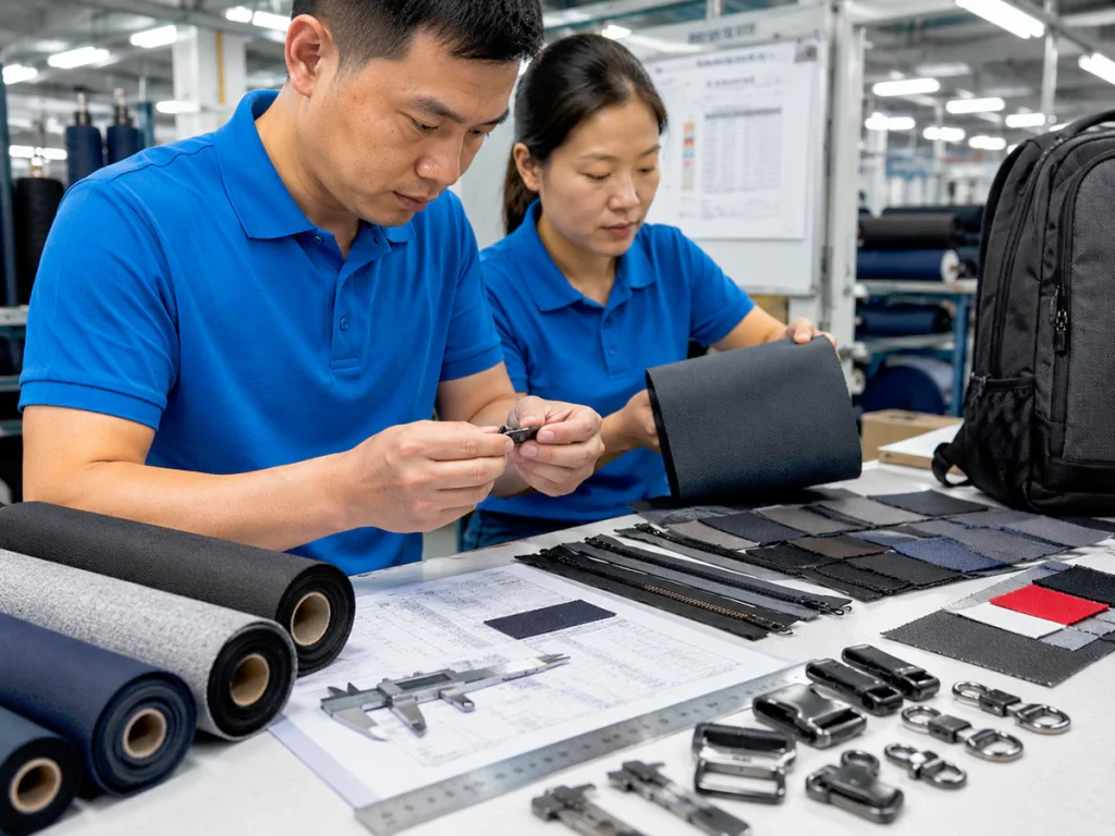Material inspection and technical specification review at backpack OEM factory