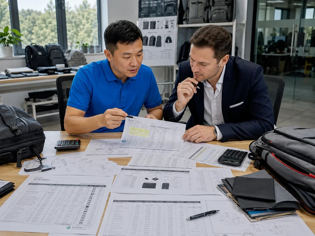 MOQ and cost breakdown discussion for custom backpacks at OEM factory