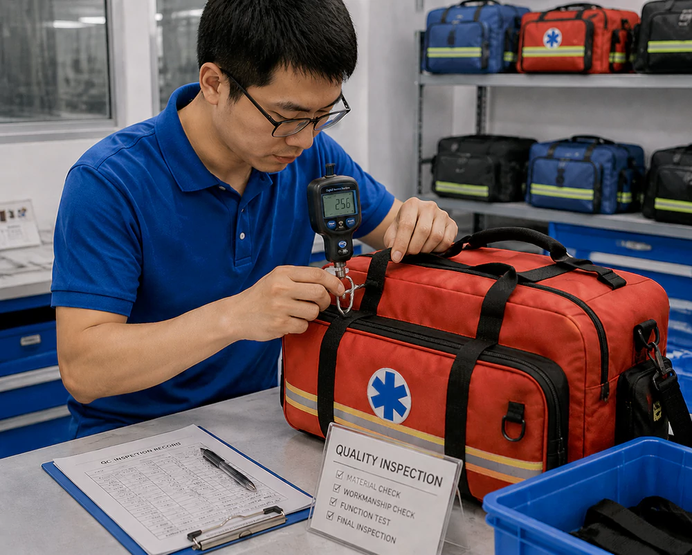 Quality control inspector testing the zipper tension on a custom medical bag.