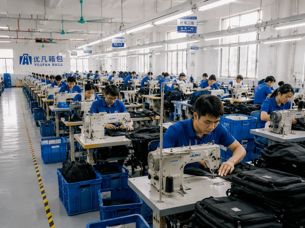 Workers at industrial sewing machines assembling backpacks on a modern factory production line.