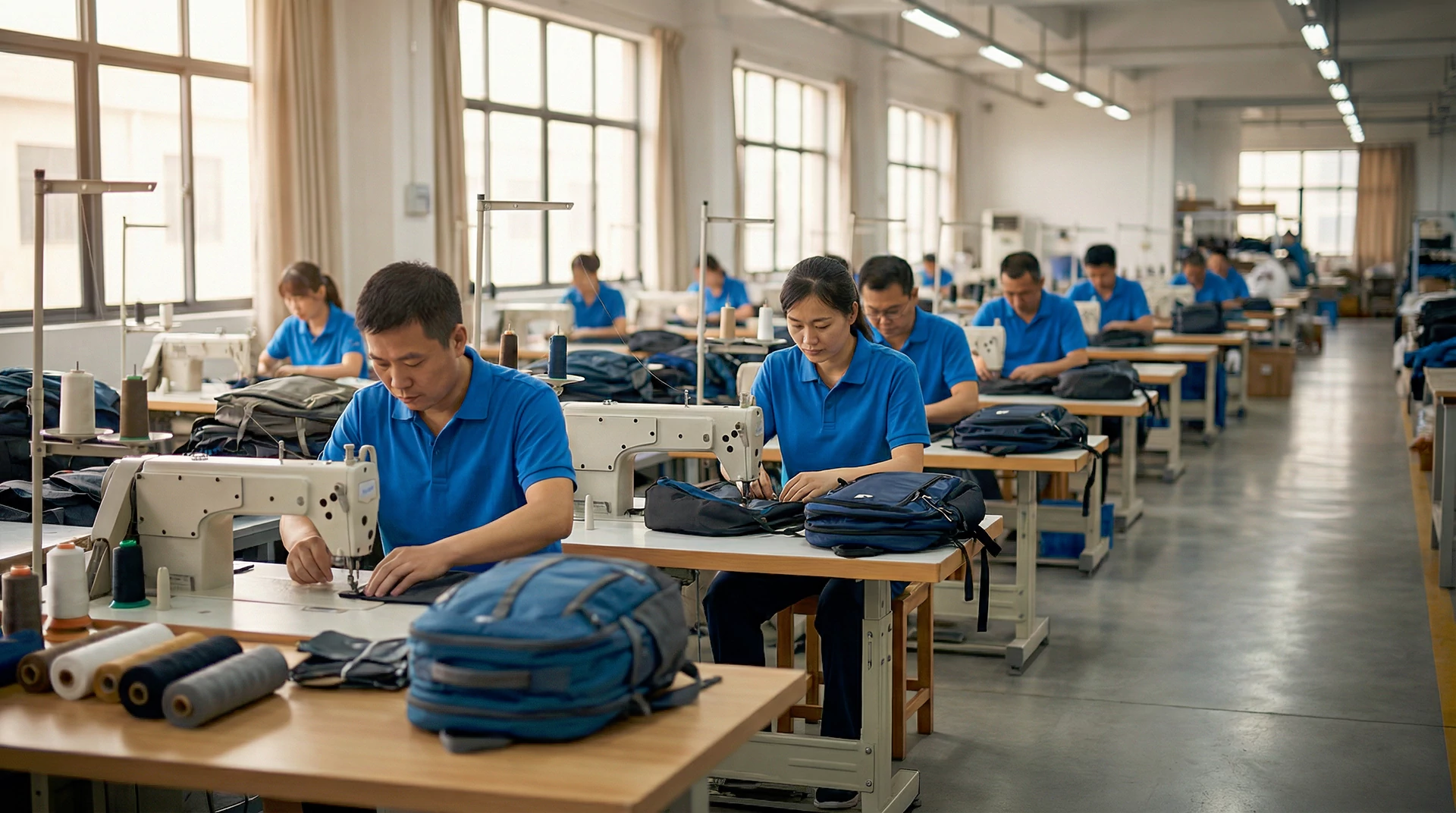 Chinese workers manufacturing outdoor backpacks in professional bag factory