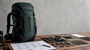 Premium custom outdoor sports backpack with technical drawings and material samples for OEM manufacturing