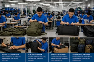 Private label bag production at Voufan factory with workers assembling handbags and backpacks