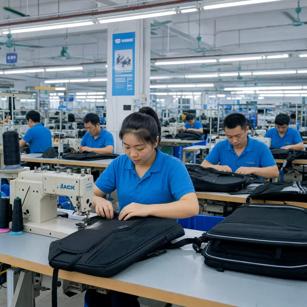 Private label bag production factory overview with workers assembling bags
