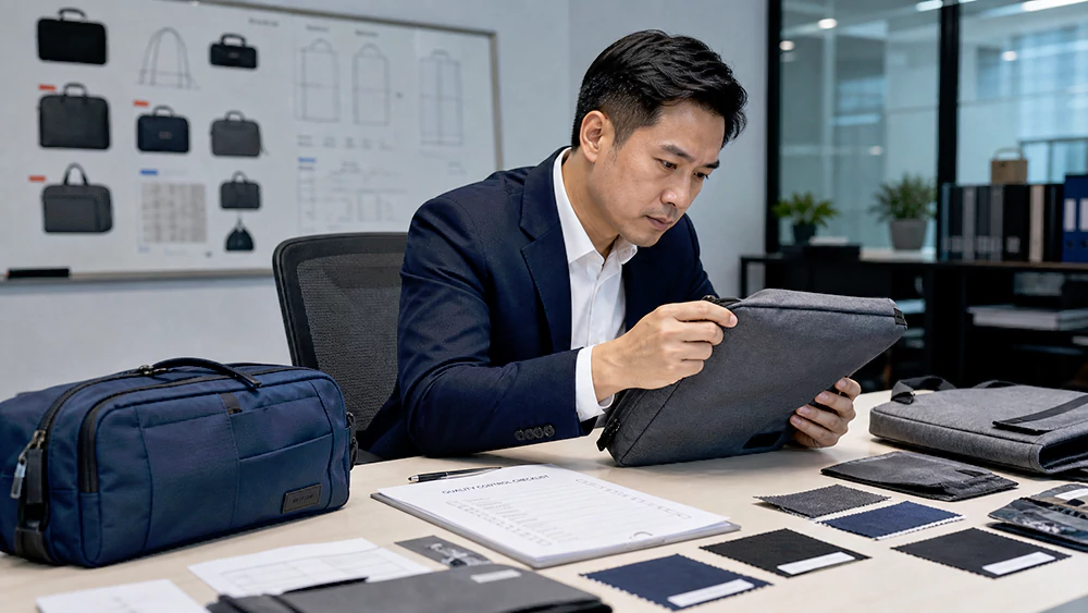 B2B buyer reviewing private label bag samples