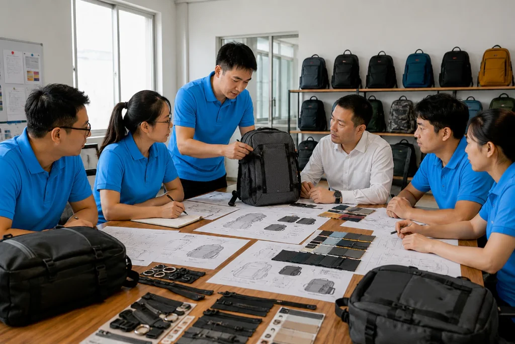 OEM factory design consultation meeting reviewing custom backpack tech pack and samples