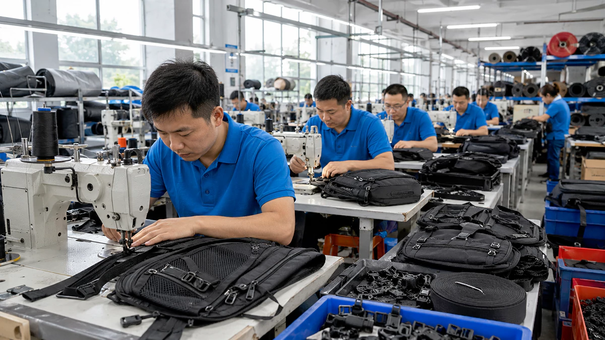OEM backpack manufacturing production line showing active custom backpack assembly for global brands