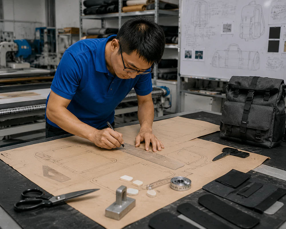 Pattern maker drafting a custom bag design on an industrial cutting table.
