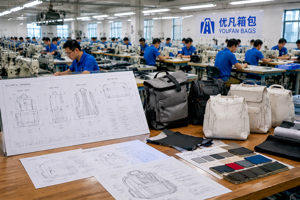 Technical blueprints and fabric swatches on a table in a modern custom bag manufacturing facility.