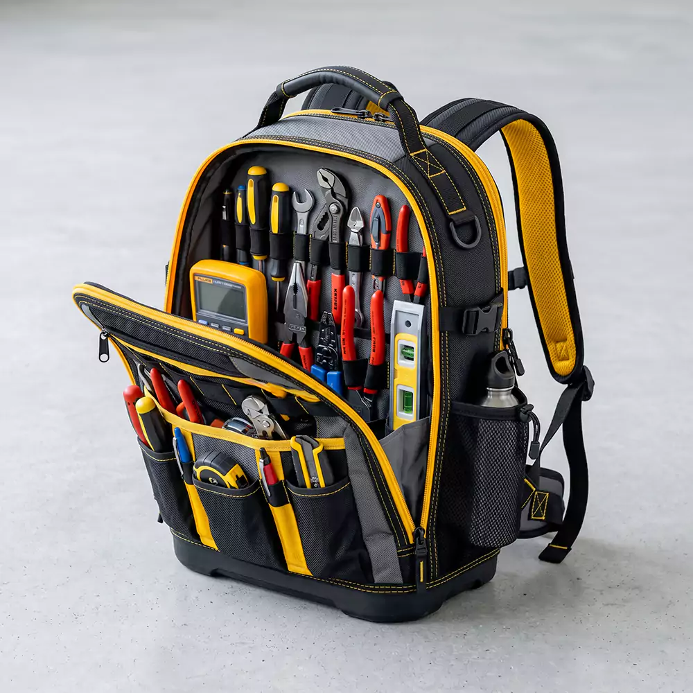 Technician and electrician tool backpacks with organized compartments and reinforced straps