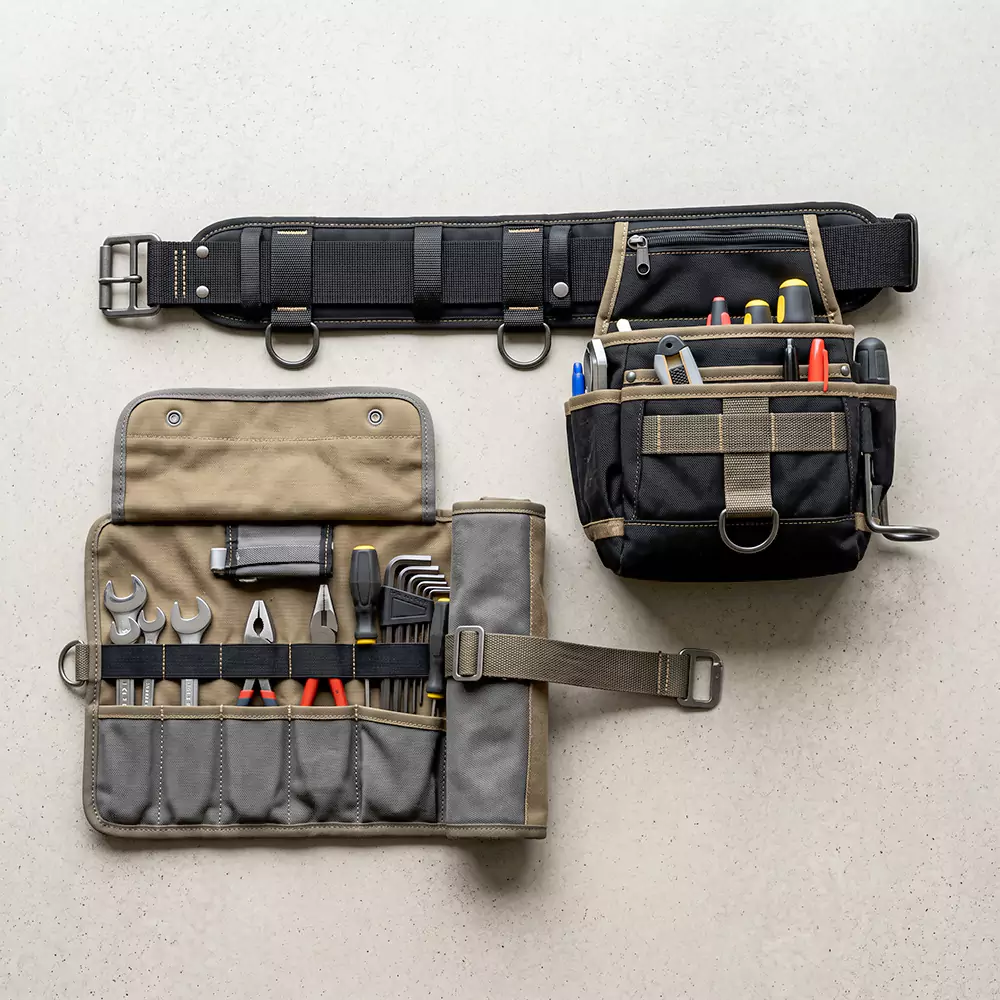 Tool pouches belts and rolls for organized tool carrying and OEM customization