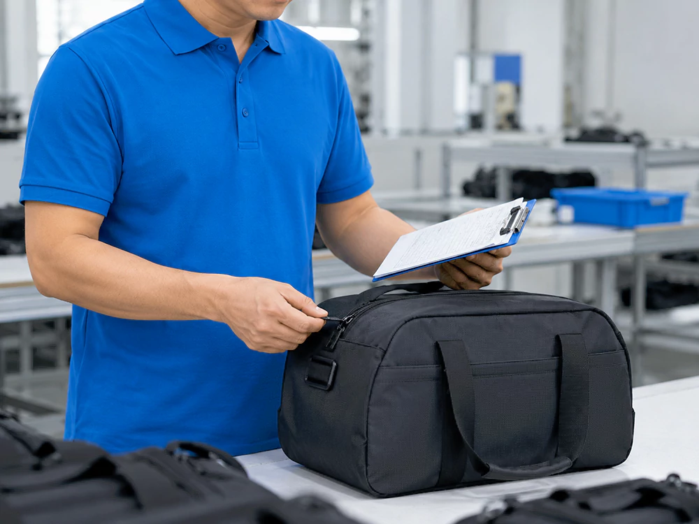 bag quality control inspection at custom bag manufacturer