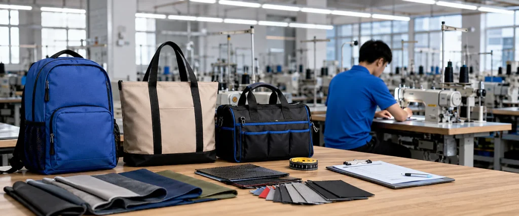 custom bag manufacturer factory worktable with finished bag samples and QC tools