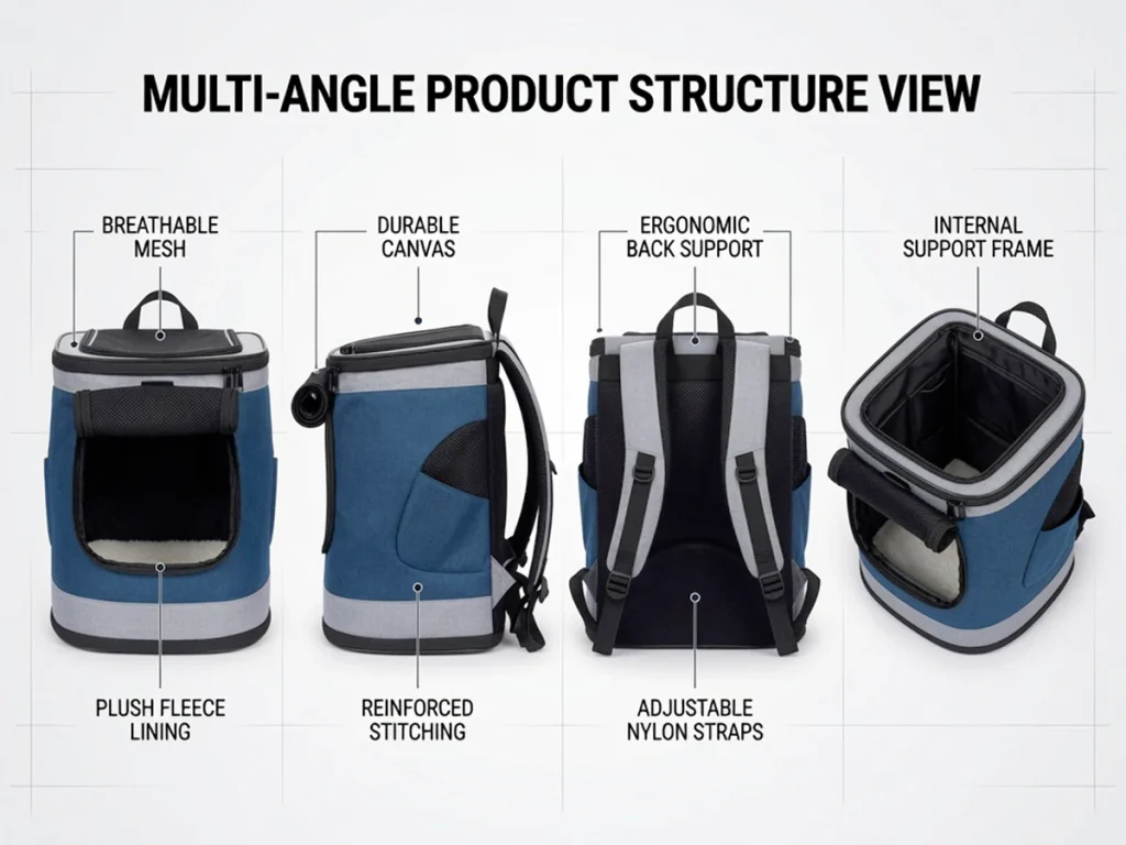 Custom pet carrier backpack development specifications showing adjustable structure and OEM manufacturing capability