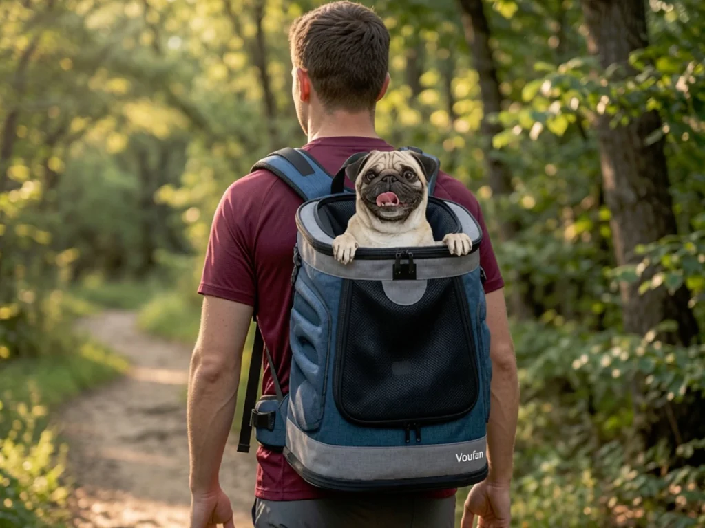 Outdoor application scene showing a custom pet carrier backpack developed for pet brands, travel products and outdoor lifestyle markets.